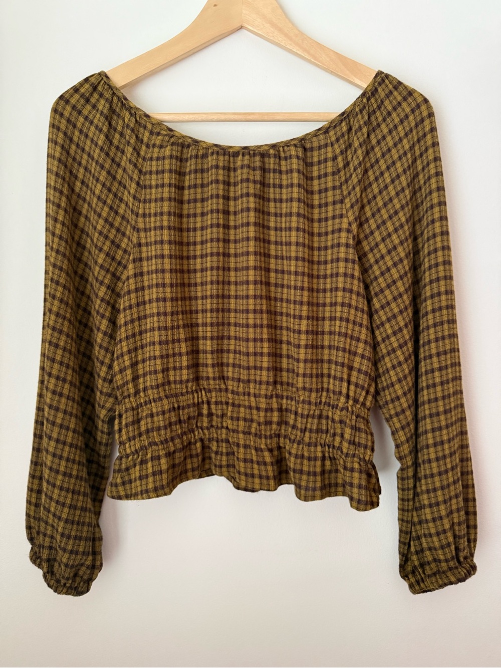 Madewell Tie Back Cutout Smocked Waist Top Spiced Olive Plaid Small